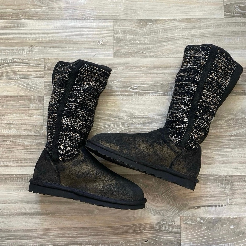 UGG Australia‎ Sequin Knit Tall Boots Black Cozy Glam Winter Warm Size 6